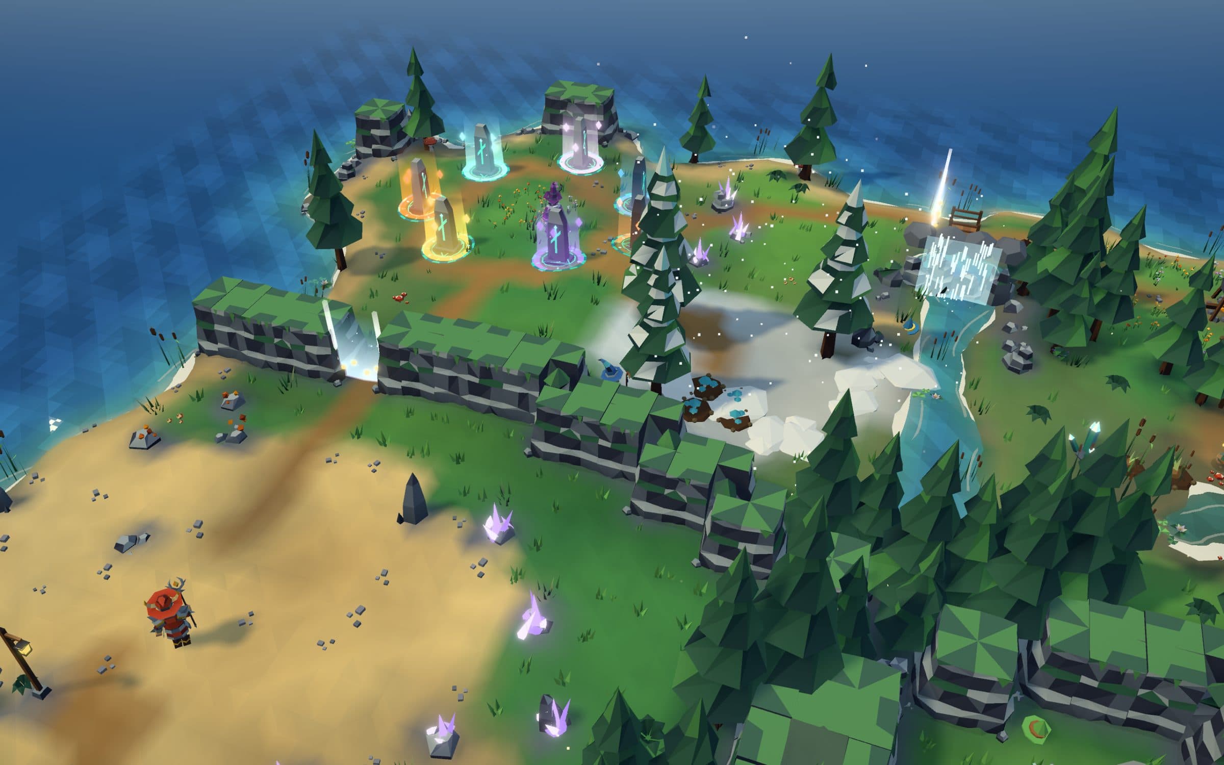 The rune circle on Hatbrim Isle, glowing stones above a waterfall