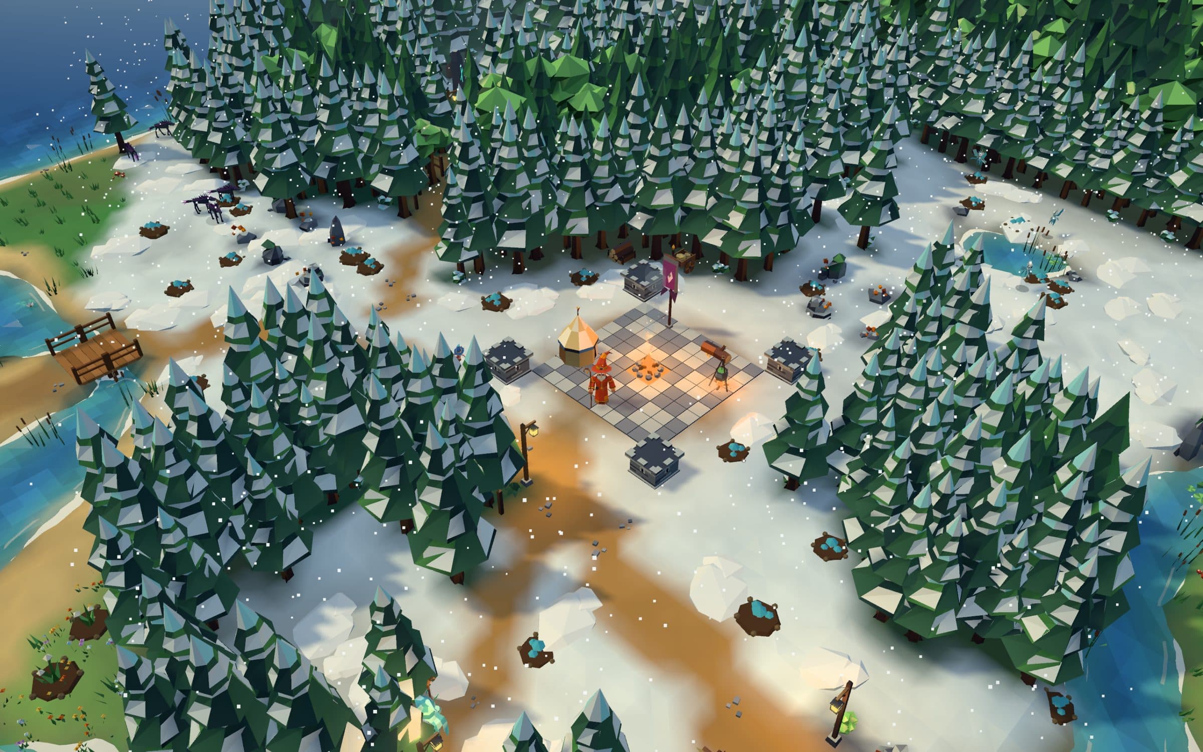 A camp on a tiled plaza in the snowfield, ringed by snowy pines